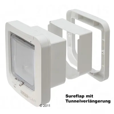 Biele plastové dvierka SureFlap s tunelovým predĺžením, viditeľný nápis SureFlap na ráme. Text v nemčine: Sureflap mit Tunnelverlängerung.