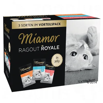 Opakowanie Miamor Ragout Royale In Jelly, 3 rodzaje w zestawie, 12 x 100 g. Widoczne saszetki z karmą dla kotów oraz zdjęcie kota na opakowaniu.