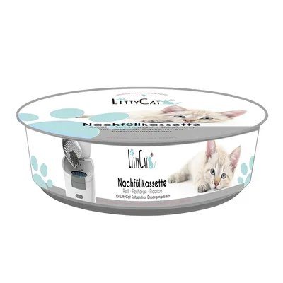LittyCat Nachfüllkassette für Katzentoiletten-Entsorgungseimer. Made in Germany. Bild zeigt Produktverpackung mit Katze und Entsorgungseimer.