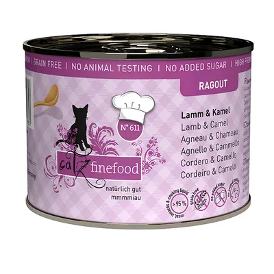 Catz Finefood Ragout Nr. 611, jagnjetina in kamela, naravno dobro, brez žit, brez testiranja na živalih, brez dodanega sladkorja, več kot 95 % mesa.