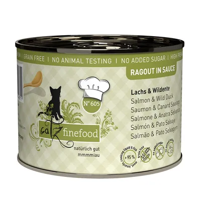 Catz Finefood No. 605, ragout in sauce, salmon & wild duck, grain-free, no added sugar, no animal testing, 95% meat content.