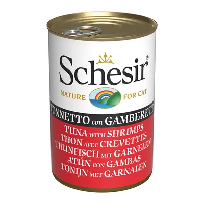 Schesir Nature for Cat, tonnetto con gamberetti. Testo multilingue: Tuna with shrimps, Thon avec crevettes, Thunfisch mit Garnelen, Atún con gambas, Tonijn met garnalen.