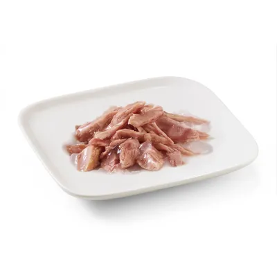 Close-up of tender meat strips in jelly on a white plate, shown as a product example for pet food.