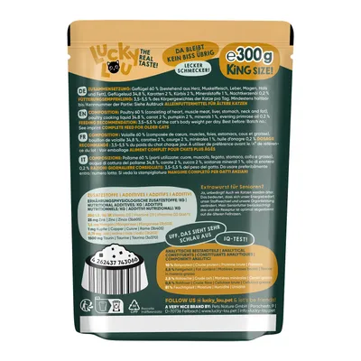 Achterkant Lucky Lou kattenvoer 300g, samenstelling: gevogelte 60%, voedingsadvies: 3,5–5,5% van het lichaamsgewicht per dag, toevoegingen: taurine, zink, koper, vitamines A, D3, E.