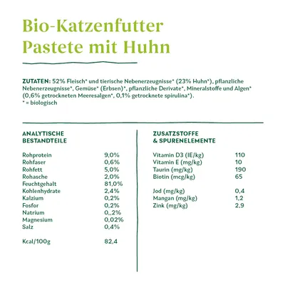 Bio-Katzenfutter Pastete mit Huhn. Zutaten: 52% Fleisch, 23% Huhn, Gemüse, pflanzliche Derivate, Mineralstoffe, Algen. Analytische Bestandteile: Rohprotein 9%, Feuchtegehalt 81%.