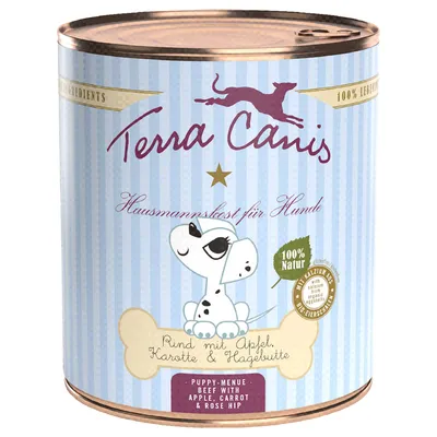 Terra Canis Hausmannskost für Hunde, Rind mit Apfel, Karotte & Hagebutte. Puppy-Menue Beef with Apple, Carrot & Rose Hip. 100 % Natur näkyvissä purkin etiketissä.