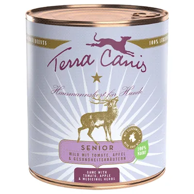 Terra Canis Hausmannskost for dogs, senior wild with tomato, apple and health herbs, 100% natural, with goat's milk, gluten-free.