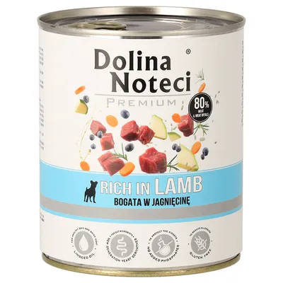 Dolina Noteci Premium Nassfutter, Rich in Lamb, 80% Fleischanteil, glutenfrei, mit Leinsamenöl, ohne zugesetzte Phosphate, unterstützt Haut, Darm und Nieren.