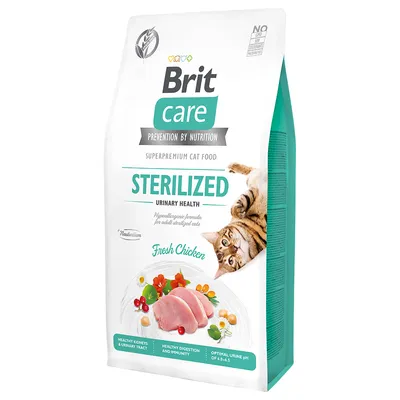 Brit Care Sterilized Urinary Health, superpremium cat food, Fresh Chicken, pour chats stérilisés. Texte visible : healthy kidneys & urinary tract, healthy digestion and immunity, optimal urine pH 6,0–6,5.