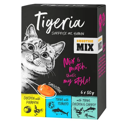Tigeria Smoothie Mix. Flavours: chicken with pumpkin, tuna with tomato, tuna, chicken & carrot. Pack size: 6 x 50g.