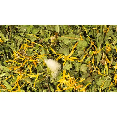 Nahaufnahme von getrockneten Kräutern und Blüten, darunter grüne Blätter, gelbe Blütenblätter und ein weisser Löwenzahnsamenkopf.