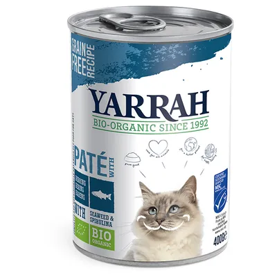Yarrah Bio-Organic Since 1992 kissan märkäruoka, paté with herring, seaweed & spirulina, grain free recipe, MSC-sertifioitu, BIO organic, 400 g tölkki, kuvassa kissa