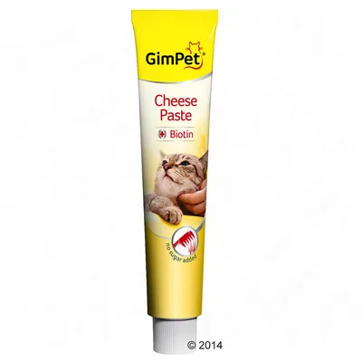 Tubo GimPet Cheese Paste con Biotina, immagine di un gatto e testo visibile: 'no sugar added'.
