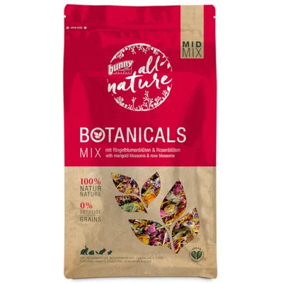 Упаковка Bunny Nature Botanicals Mix с календулой и лепестками роз, 100% натурально, 0% зерна, для кроликов, морских свинок, шиншилл и дегу. Видны сушёные цветы внутри. Упаковка Bunny Nature Botanicals Mix с календулой и лепестками роз, 100% натурально, 0% зерна, для кроликов, морских свинок, шиншилл и дегу. Видны сушёные цветы внутри.