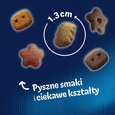 Różne kształty krokietów o wielkości 1,3 cm. Widoczny napis: Pyszne smaki i ciekawe kształty.