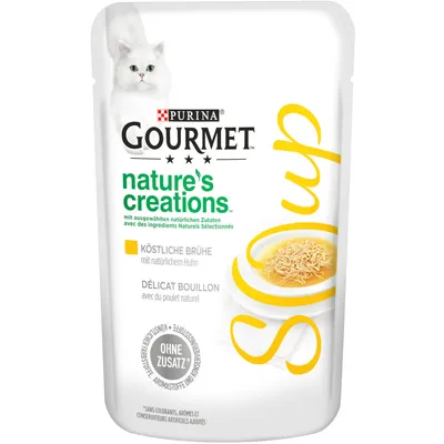 Purina Gourmet Nature's Creations delicioso caldo con pollo natural. Sin colorantes, aromatizantes ni conservantes añadidos.