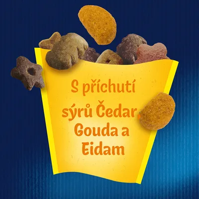 S príchuťou syrov Čedar, Gouda a Eidam (text v češtine na žltom pozadí s obrázkom rôznych tvarov granúl).