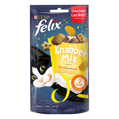 Purina felix Knabber Mix Dreikäsehoch, snacks para gatos con sabor a cheddar, gouda y edam, 2 kcal por snack. Proteína, vitaminas, omega 6. Texto en alemán.