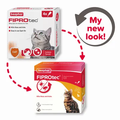 Product packaging change for FIPROtec spot-on solution. Kills fleas and ticks, easy to use, suitable from 8 weeks of age, contains fipronil. New look highlighted.
