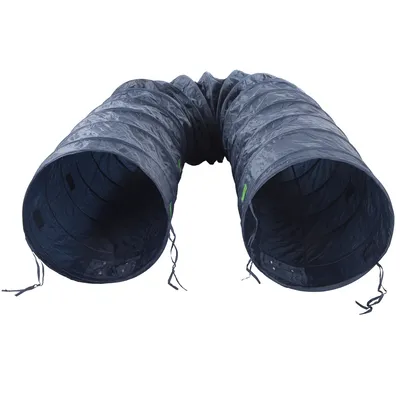 Túnel de juego flexible para mascotas, color gris oscuro, fabricado en tela con estructura circular y cuerdas visibles en los extremos.