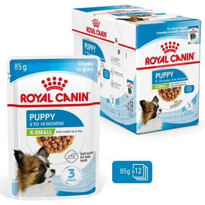 Royal Canin Puppy X-Small, 2–10 months, 85g pouch, pack of 12. Chunks in gravy. For a weight up to 4kg. Soft texture for milk teeth. Stage 3.