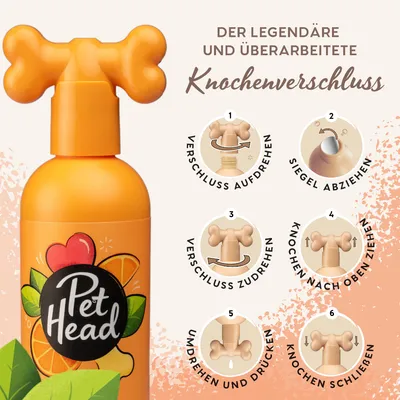 Anleitung für den überarbeiteten Knochenverschluss von Pet Head: Verschluss aufdrehen, Siegel abziehen, Verschluss zudrehen, Knochen nach oben ziehen, umdrehen und drücken, Knochen schliessen.