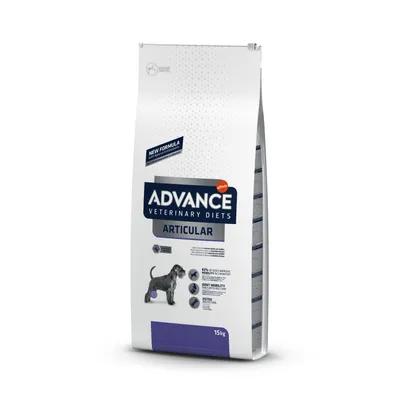 Saco de pienso Advance Veterinary Diets Articular para perros, 15 kg. Texto visible: New Formula, Joint Mobility, Osteo Protection. Imagen de un perro en el envase.