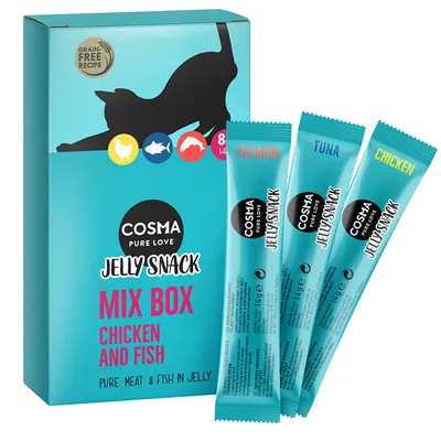 Cosma Jelly Snack Mix Box Chicken and Fish, sachets individuels saveurs Salmon, Tuna, Chicken, mention Grain Free Recipe, 14 g chacun, visible sur l’emballage et les sticks.