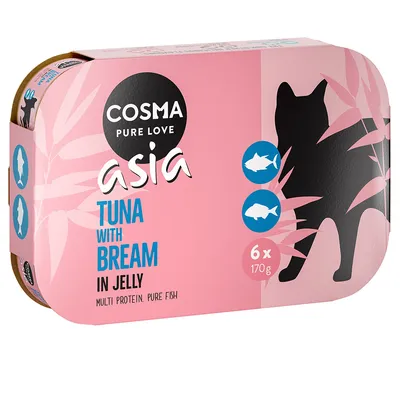Опаковка Cosma Pure Love Asia Tuna with Bream in Jelly, 6×170 г. Изобразени са силует на котка и риби. Видим текст: Multi Protein. Pure Fish.
