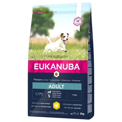 Eukanuba Adult hrană uscată pentru rase mici, bogată în carne proaspătă de pui, potrivită pentru câini de 1-8 ani și sub 10 kg. Mărime pachet: 3 kg.