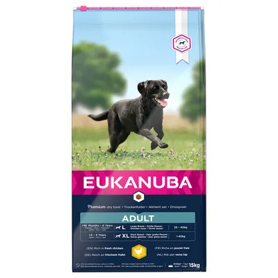 Sac hrană uscată pentru câini Eukanuba Adult, rase mari și foarte mari, 15 kg. Text vizibil: 'Rich in fresh chicken', 'ADULT', 'L 25–40 kg', 'XL >40 kg'.