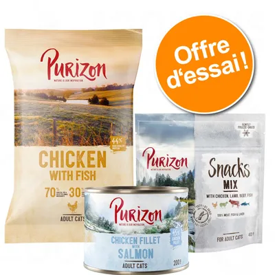 Purizon Adult Cats : sachet Chicken with Fish 44 %, boîte Chicken Fillet with Salmon, sachet Snacks Mix. Pastille orange : Offre d’essai !