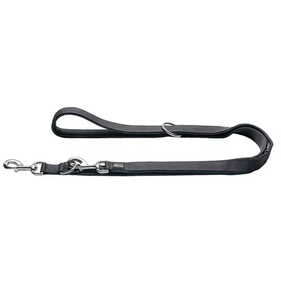 Zwarte nylon hondenriem met verstelbare lengte en metalen karabijnhaken aan beide uiteinden.