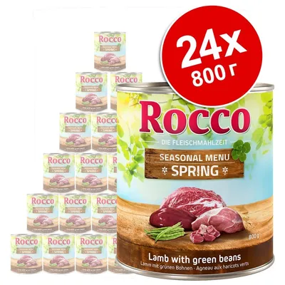 Rocco Seasonal Menu Spring, Lamb with green beans, 24×800 г консерви. Видими са опаковките и надписите на продукта.