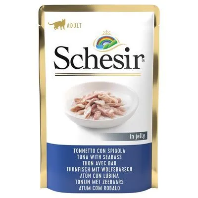 Schesir Adult kattenvoer in jelly, tonijn met zeebaars. Meertalige productnaam: Tonijn met zeebaars, Tuna with seabass, Thunfisch mit Wolfsbarsch, Atún con lubina.
