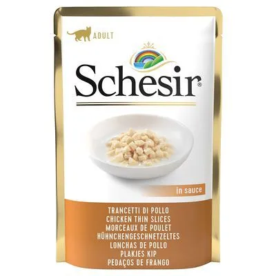 Schesir Adult kattenvoer in saus, plakjes kip. Tekst op verpakking: Trancetti di Pollo, Chicken Thin Slices, Morceaux de Poulet, Hähnchengeschnetzeltes, Plakjes Kip.