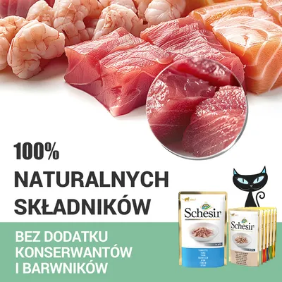 Schesir. 100% naturalnych składników. Bez dodatku konserwantów i barwników. Opakowania karmy dla kotów, kawałki ryby i krewetki.