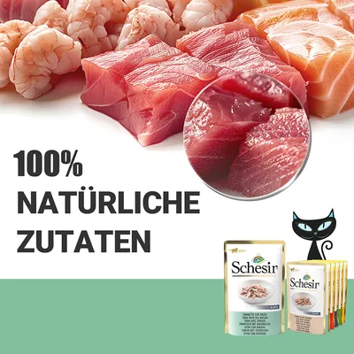 Schesir Katzenfutter mit 100% natürlichen Zutaten, Thunfisch und Dorade. Verpackung zeigt Produkt in Gelee. Schwarze Katze als Design-Element.