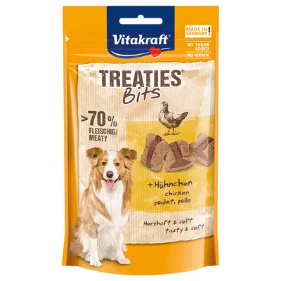 Vitakraft Treaties Bits with over 70% meat content, chicken, no added sugar, grain-free, made in Germany. Savoury and soft dog snacks.