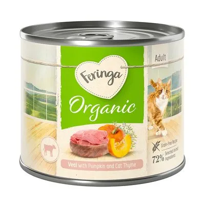 Boîte Feringa Organic pour chat adulte, texte visible : Veal with Pumpkin and Cat Thyme, 72 % Selected Animal Ingredients, Grain-Free Recipe. Image de viande, courge, chat.