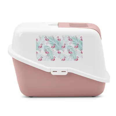 Kattenbak met wit deksel en roze onderbak, decoratiepaneel met flamingo’s en groene bladeren zichtbaar aan de zijkant. Materiaal: kunststof.