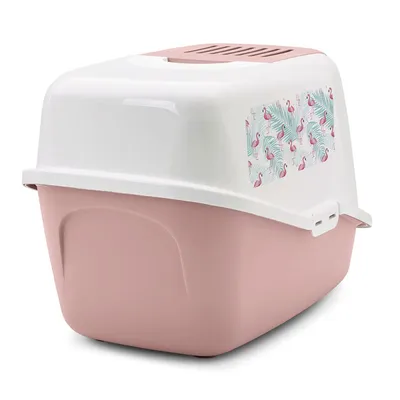 Kattenbak met deksel, roze onderkant en witte bovenkant, voorzien van decoratief vlak met flamingo’s en bladeren. Kunststof materiaal zichtbaar.