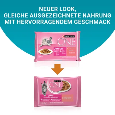 Purina ONE Junior Katzenfutter. Neuer Look, gleiche ausgezeichnete Nahrung mit hervorragendem Geschmack. Verpackung zeigt rosa Design und Produktdetails.