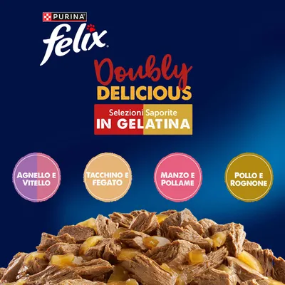 Maxi formato: Felix Le Ghiottonerie 120 x 85 g - Doppia Delizia Varietà di carne Maxi formato: Felix Le Ghiottonerie 120 x 85 g - Doppia Delizia Varietà di carne