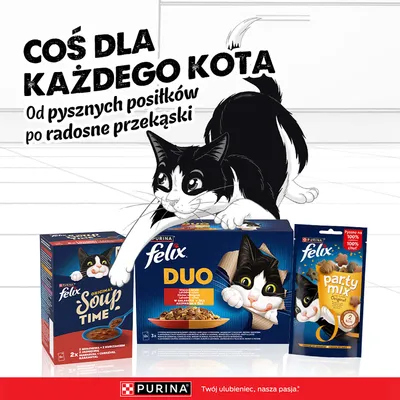 PURINA Felix Soup Time, Duo i Party Mix karma dla kotów. Coś dla każdego kota. Od pysznych posiłków po radosne przekąski.