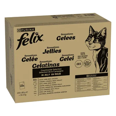 44 x 85 g gratis! 120 x 85 g/120 x 80 g Pachet Jumbo Felix + 44 x 85 g hrană umedă pentru pisici - 120x85 g Land (Vită, Pui, Rață & Miel) + 44x85g Pui, vită, ton, somon