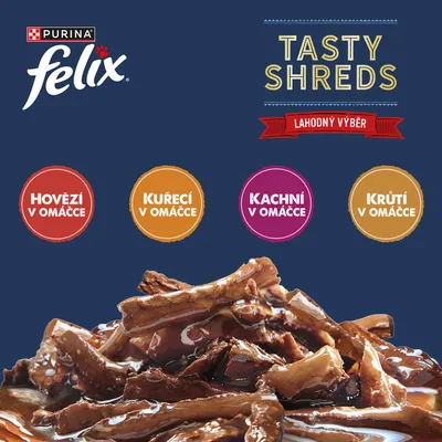 Purina Felix Tasty Shreds. Varianty: hovädzie v omáčke, kuracie v omáčke, kačacie v omáčke, morčacie v omáčke. Na obrázku sú mäsové pásiky v omáčke. Purina Felix Tasty Shreds. Varianty: hovädzie v omáčke, kuracie v omáčke, kačacie v omáčke, morčacie v omáčke. Na obrázku sú mäsové pásiky v omáčke.