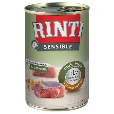 Rinti Sensible -koiranruokapurkki, tekstit: Für empfindliche Hunde, glutenfrei, 100 % Pute im Fleischanteil, nur 1 tierisches Protein, +Kichererbsen.
