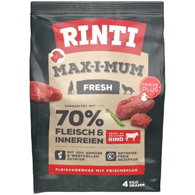Rinti Max-i-mum Fresh, preparado con 70% carne y vísceras, rico en carne de vacuno fresca, con 30% verduras, receta sin cereales, 4 kilogramos.