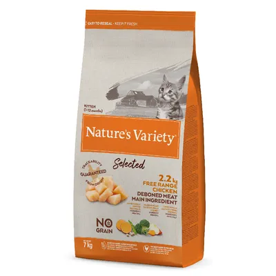 Sac de croquettes Nature’s Variety Selected pour chaton (1–12 mois), 7 kg, poulet sans céréales, texte visible : 'NO GRAIN', '2.2 kg free range chicken deboned meat main ingredient'.